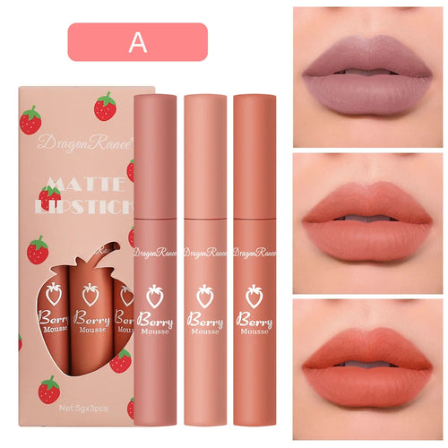 3 pcs Strawberry Lip Glaze Set Velvet Matte Lipstick