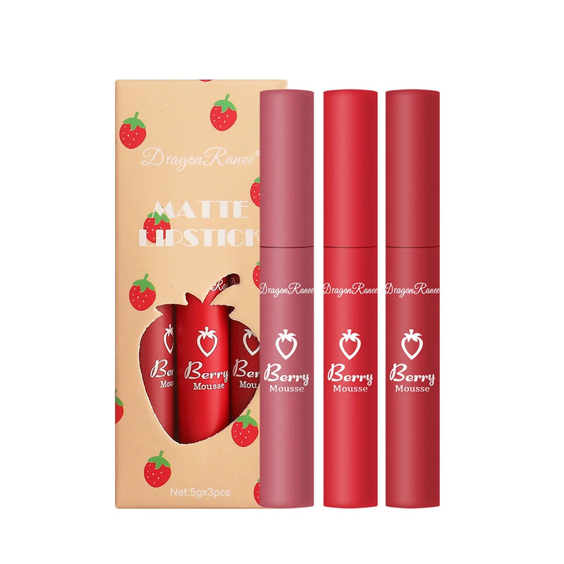 3 pcs Strawberry Lip Glaze Set Velvet Matte Lipstick