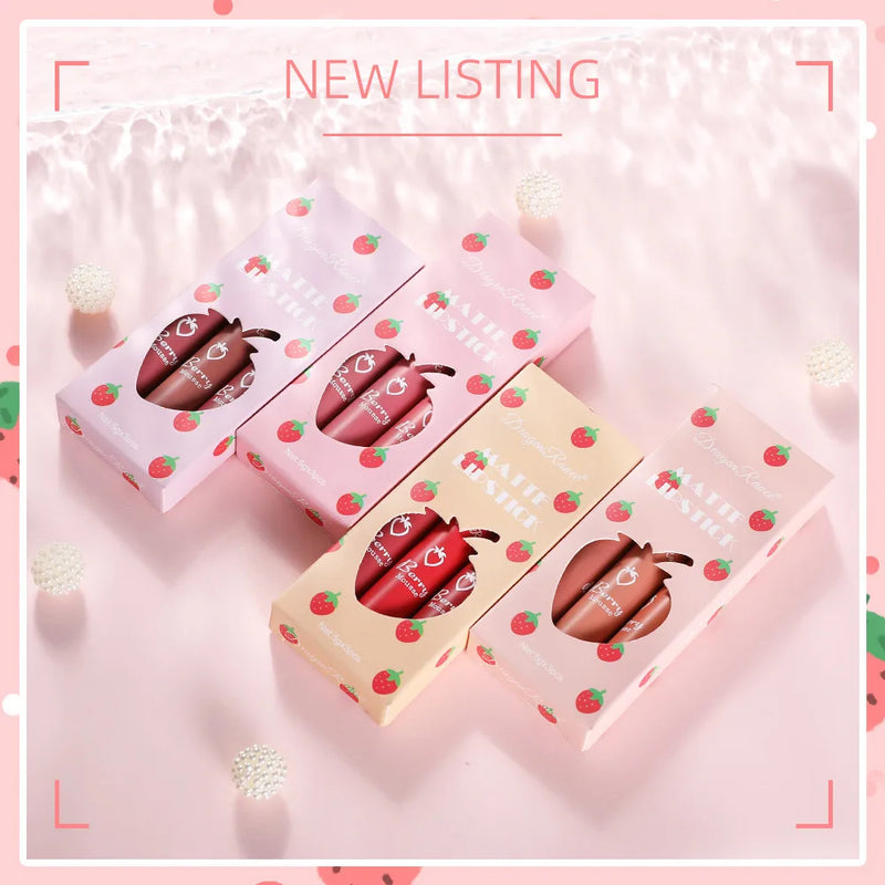 3 pcs Strawberry Lip Glaze Set Velvet Matte Lipstick
