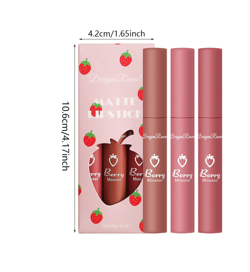 3 pcs Strawberry Lip Glaze Set Velvet Matte Lipstick