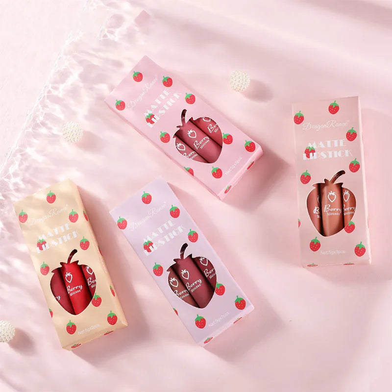 3 pcs Strawberry Lip Glaze Set Velvet Matte Lipstick