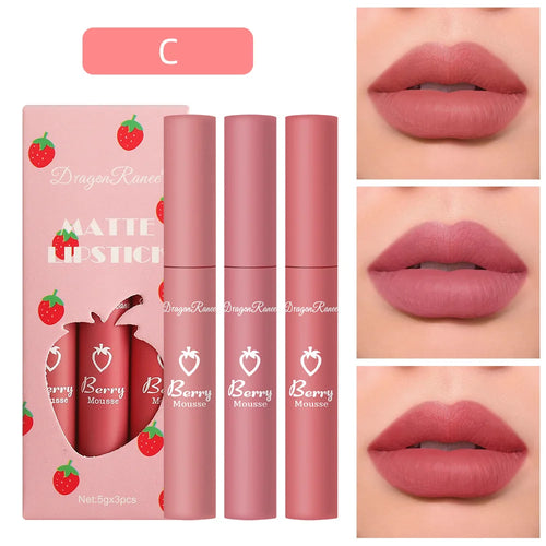3 pcs Strawberry Lip Glaze Set Velvet Matte Lipstick