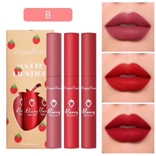 3 pcs Strawberry Lip Glaze Set Velvet Matte Lipstick