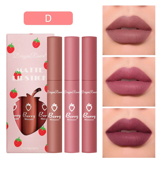 3 pcs Strawberry Lip Glaze Set Velvet Matte Lipstick