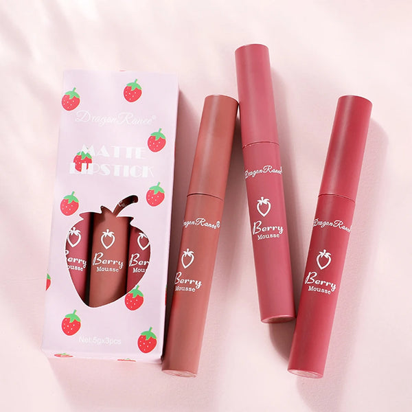 3 pcs Strawberry Lip Glaze Set Velvet Matte Lipstick